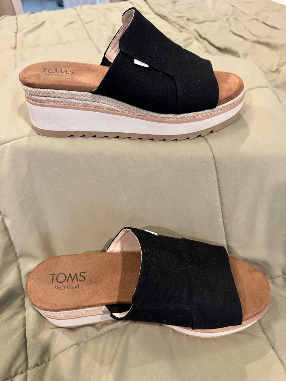Toms Black Espadrille Platform Wedge Slide Sandals
